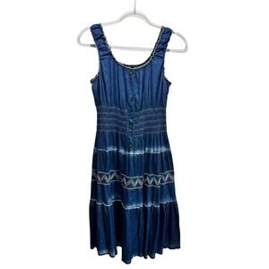 LAPIS  Chambray Denim Dress Milkmaid Western Cowgirl Smocked Cottagecore  L